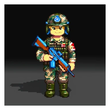 roblox military man, blocky character, wearing camouflage uniform, helmet, and boots, holding a toy rifle, simple background sticker