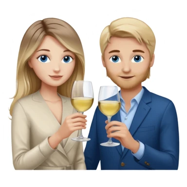 A woman with blue eyes and long balayage brown blond hair and a man with blue eyes and light brown hair, they toast to each other with a glass of white wine.  sticker