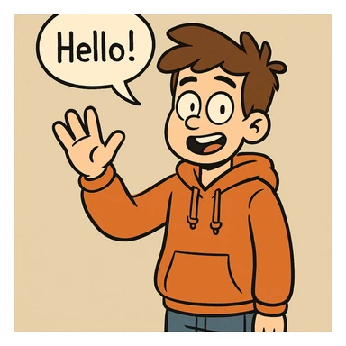 A boy brown hair how did say hello Orange hoodie blue jeans  sticker