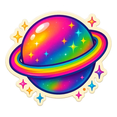 Lisa Frank style planet, vibrant colors, sparkles, rainbow accents, emoji style sticker