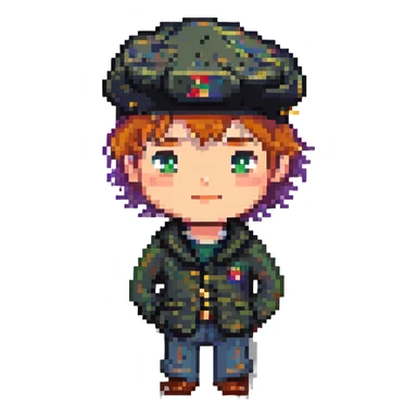a young man with a beret, pixel art style sticker