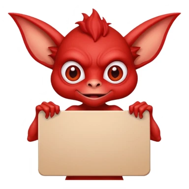 A red gremlin holding a large blank sign sticker