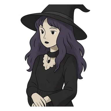 gothic woman with purple hair, witchy touch, in ghibli style sticker