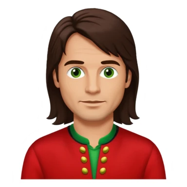 Robert Pilatus, German Singer (1964-1998) with tan skin, long dark brown hair, green eyes, red outfit sticker