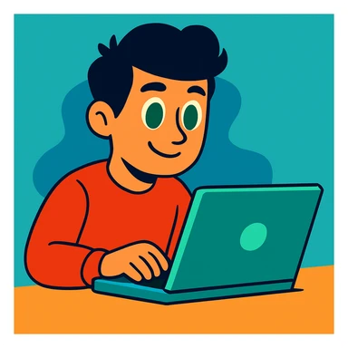 Change the man's hairstyle to a different style, keep him with dark hair and green eyes working on a laptop, vibrant cartoon style, simple background. sticker