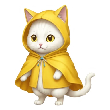 White cat on two legs wearing yellow hooded cloak sticker