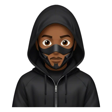 man with black hooded jacket and a only-black full-face geometric mask sticker