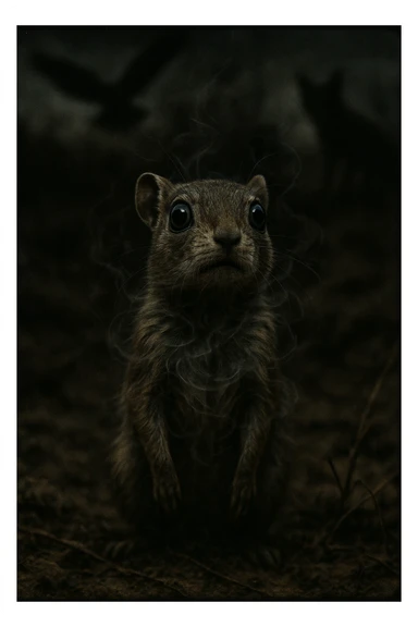 A hyperrealistic, cinematic illustration of a small wild animal, such as a rabbit or a meerkat, with wide, alert eyes and tense body posture, standing in a dry, rugged environment with predators lurking in the shadows. The animal's chest is visibly rising and falling rapidly, representing short, shallow breathing due to constant fear and vigilance. The background is dimly lit, with faint shadows of predators like hawks or foxes barely visible, symbolizing the ever-present threat. Around the animal, subtle visual representations of tension and stress appear as tight, dark rings or smoke near its chest and head, while the environment feels heavy and oppressive. The color palette is muted earth tones, with sharp focus on the animal’s tense face and rapidly moving chest, while the environment around is slightly blurred, emphasizing the feeling of isolation and perpetual fear. The style is 35mm film hyperrealistic with a storytelling, National Geographic documentary aesthetic, capturing the concept of an animal constantly living in fight-or-flight, breathing fast and shallow to survive sticker