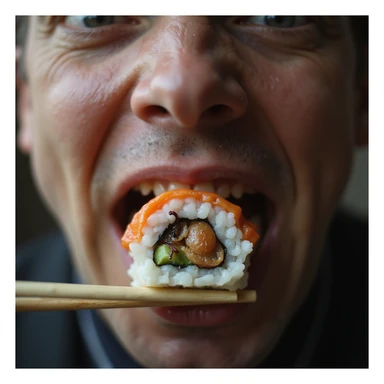 close-up of a man about to eat a piece of sushi with chopsticks, clearly showing parasites inside the sushi, disgusted or shocked expression, hyperrealistic, 4K details sticker
