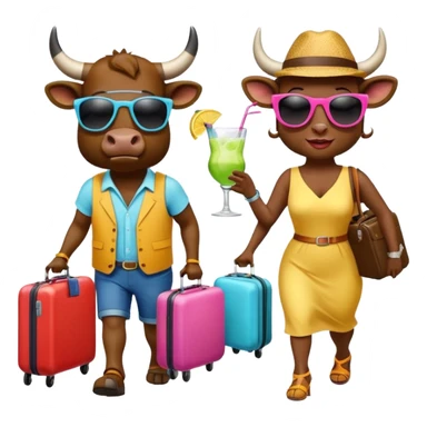 generate an emoji of a group of up to 8 male and female bulls travelling together on holidays. One bull has a suitcase, one has sunglasses, one is carrying a cocktail. They're all in motion, walking together. Make the characters look like bulls. They wear summer clothes sticker