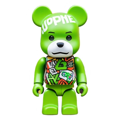 classic bearbrick figure with lime green mask filled with overlapping brand logos in wild graffiti style, street art aesthetic, many random logos like LV, Supreme, Nike all over the mask, bold eyebrows sticker