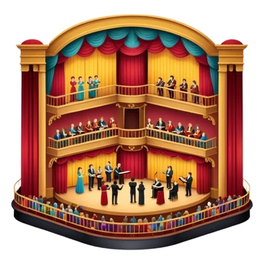An icon depicting a theater stage with actors performing a play, illuminated by dramatic lighting. The audience watches from colorful balconies, while an orchestra plays in the pit, creating an immersive atmosphere. transparent background. sticker