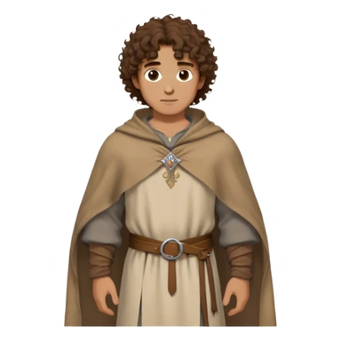 medieval outfit worn by a DnD themed fantasy character. basic linen tunic with a thick wool poncho draped over the shoulders. clothes only above the waist. The clothes full waist. The character's haven't arms. character is curly brown hair brown eyes medium-length hair tan-skinned man. sticker