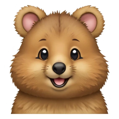 cinematic-realistic quokka-emoji,-small-round-frame, head tilted in an endearing manner, comical smile, round cheeks, giant-fluffy-cheeks-large-smile-fluffy-brown-fur-radiating-a-warm-softness,-big-round-eyes-filled-with-joy, realistic round  fluffy zoomed in, large black eyes one paw raised in the air sticker
