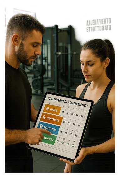 realistic cinematic photo a personal trainer and a client stand in a modern gym, reviewing a large, color-coded training calendar or chart on a tablet. The calendar shows different phases (Forza, Ipertrofia, Resistenza, Recupero) with icons and dates. Around them, gym equipment and motivational posters reinforce the idea of structured, periodized training. in italiano sticker