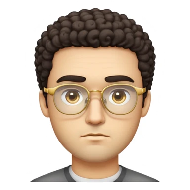 Man with square face, thick straight eyebrows, short curly dark hair, light facial scruff, serious neutral expression, wearing large square golden glasses sticker