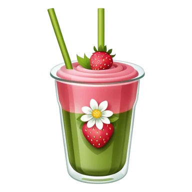flower glass cup with strawberry matcha inside and straw sticker