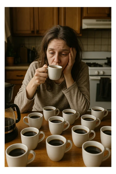 donna con stanchezza cronica distrutta e stanca che si fa tanti caffè sticker