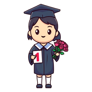Cute Japanese high school girl in graduation ceremony with bouquet and diploma sticker