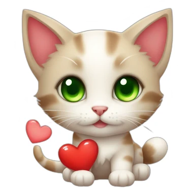 Super cute kitten with green anime eyes holding red hearts sticker