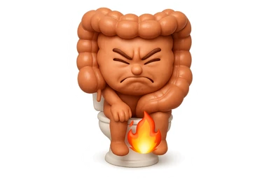 SU QUESTO STILE FAI UN EMOJI STILE IPHONE 3D DI UN INTESTINO CHE sta seduto sul wc e dal wc in mezzo alle sue gambe esce una fiamma stile emoji iphone, FAGLI UN ESPRESSIONE di dolore mentre si sforza E FALLO MOLTO REALISTICO IN 3D sticker