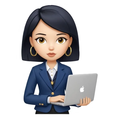 a pretty bratz girl with straight black short hair wearing a dark blue blazer and carrying a laptop. gold small hoops sticker
