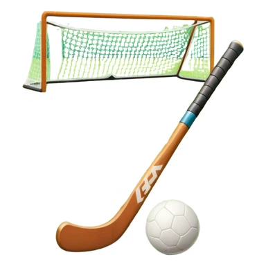 A field hockey stick and ball resting on a well-maintained green grass field, with the goalposts and markings visible in the background. The scene highlights the precision and focus of the sport, with the vibrant green pitch creating a dynamic atmosphere. sticker