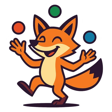 clever fox juggling, vibrant toon style sticker