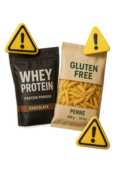 SU QUESTO STILE FAI UN EMOJI STILE IPHONE 3D DI UN pacco di whey protein e un pacco di pasta senza glutine che fluttuano in aria insieme a segnali di pericolo in 3d, FALLO MOLTO REALISTICO IN 3D sticker