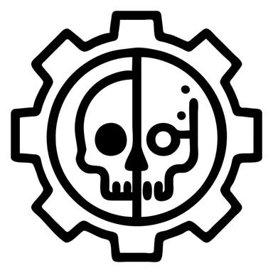 Warhammer 40k Adeptus Mechanicus symbol: half human, half robotic skull inside a gear, sharp lines, logo style, no text sticker