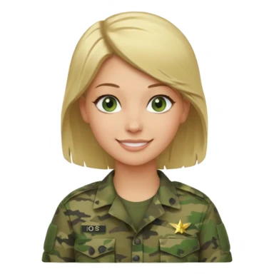 Apple-style emoji: female soldier, bust, no cap/helmet, friendly smile, generic camo top, blonde hair sticker