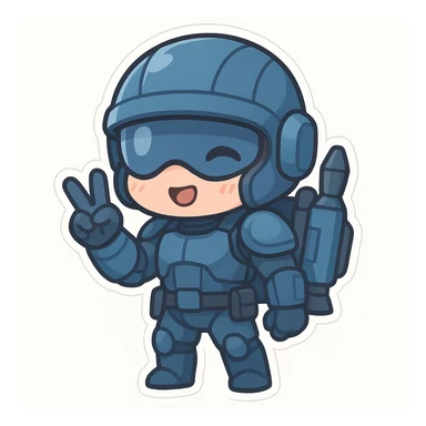 chibi sticker of a sci-fi soldier in a mostly blue uniform, jetpack on back, making a peace sign, adorable expression, white background sticker