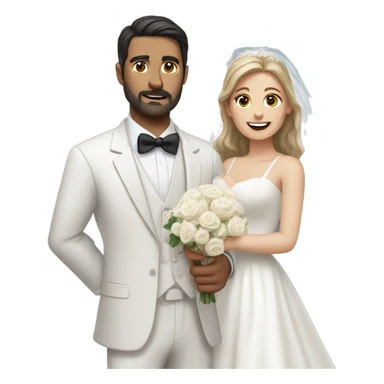 Realistic Dark haired man with dark facial hair in a suit holding a woman with light brown hair in a white wedding dress sticker