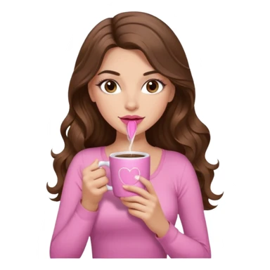 girl with long wavy brown hair, brown eyes, long lashes, pink lips, light to medium complexion, pink sexy top, sipping coffee sticker