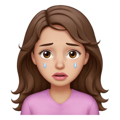 girl with wavy long brown hair, brown eyes, light to medium complexion, long lashes, light pink lipstick, wearing light pink shirt, crying big tears sticker