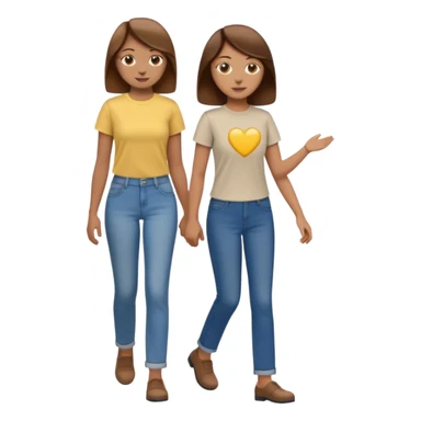 based on emoji style, two people walking together. one is brown-haired woman, wearing business casual,  Another one is a non-binary person, wearing t shirt and jeans, and the second person doesn't have anything on their hands. sticker