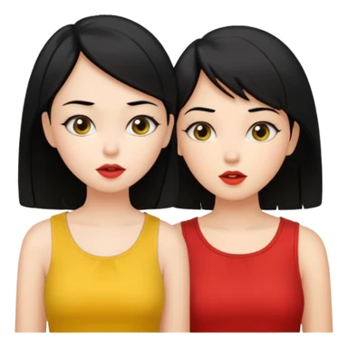 2 girls gossiping. both are fair and have black hair. One has short hair, one has long. One is wearing yellow, one is wearing red sticker