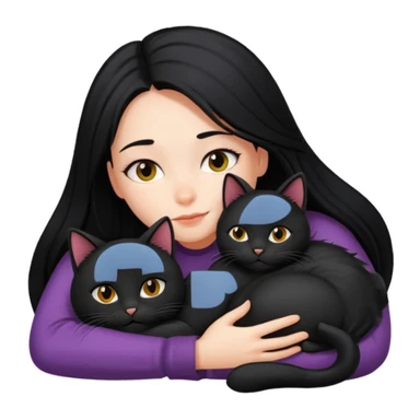 A girl with long black hair, lying down with her black cat while hugging each other. sticker
