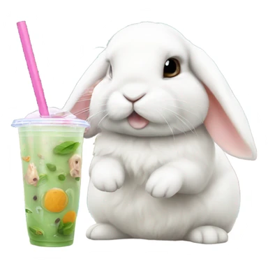 White mini lop rabbit drinking boba tea sticker