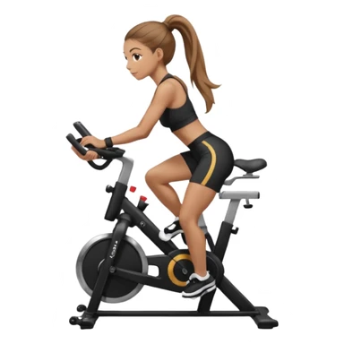 Light skin girl with long light brown hair in a pony tail, black workout set leaning on a indoor spin bike with NO HELMET,  sticker