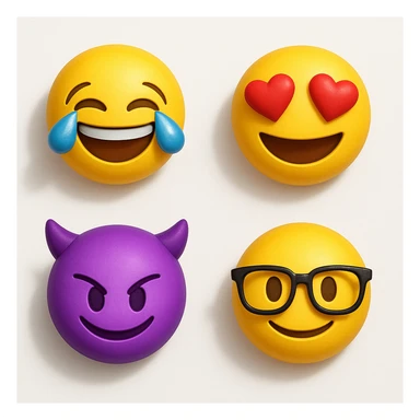 make four emojis on white background with good amount of shadow, four emojis of smiley's only. one laughing, second heart eyes, third purple devil and four black glasses emojis  sticker