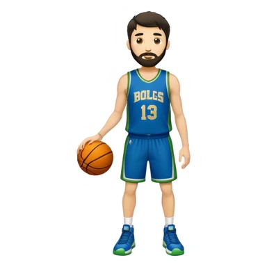 Full Body  white male basketball player with short shaggy dark hair and gold tee beard wearing blue and green uniform sticker