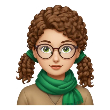 iranian woman, tight curly light brown hair in one high pony tail, glasses, green eyes, pretty, oval shape face, no hajib, scarf on neck sticker