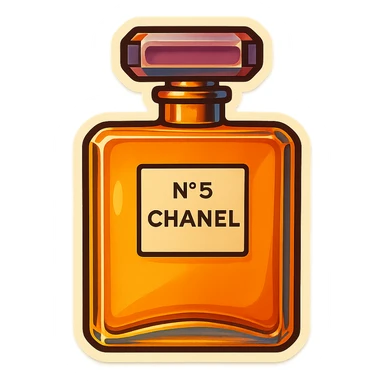 Chanel perfume bottle in retro sticker style, bold outlines, vintage color palette sticker