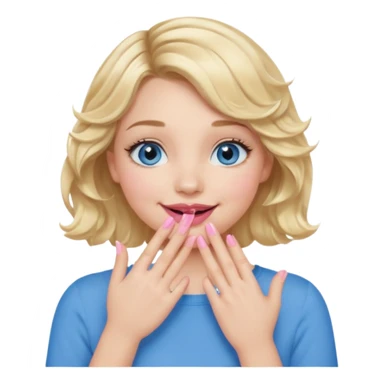 Girl Blonde short wavy hair,  blue eyes, cute blue top, long lashes, pink lips, smiling, hand covering the mouth sticker