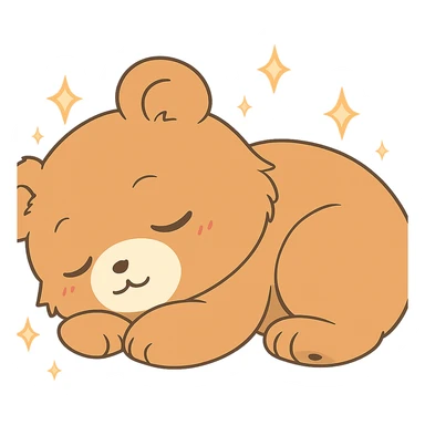 Add sparkles around the anime style cute bear sleeping. Keep the background transparent. The style is anime, cute bear with a sleeping pose. sticker