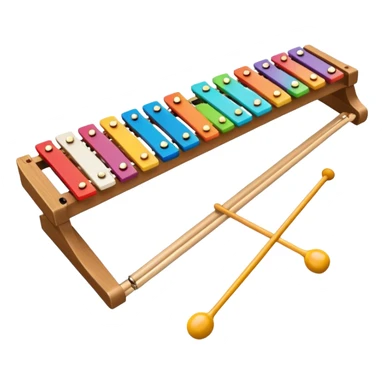 Create a vibrant and detailed emoji representing a Fleet FLT-SX37 xylophone. The design should feature the sleek wooden keys of the xylophone, arranged neatly on the frame, with metal bars clearly visible. Add the mallets placed beside the instrument or in motion, highlighting their soft rubber heads. Use warm, natural wood tones for the keys, with subtle metallic accents to reflect the professional quality of the instrument. Add small musical notes or soundwaves around the xylophone to evoke its bright, percussive sound. The background should be transparent. sticker