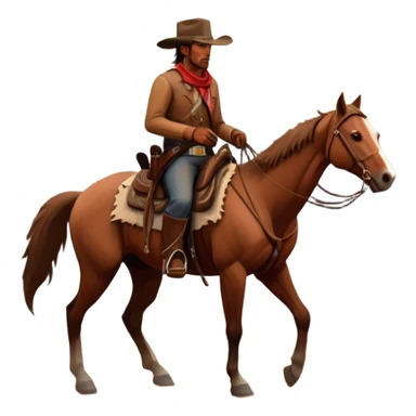 An icon representing an adventure game, inspired by Red Dead Redemption II. The design features a rugged cowboy riding a horse through a vast, open landscape with mountains, deserts, and wild animals. The atmosphere conveys exploration, action, and the thrill of the journey. Transparent background sticker