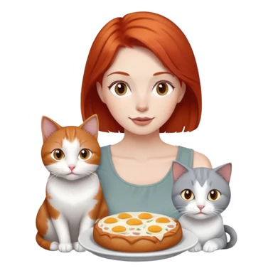 Red haired Woman sharing food with grey white cat sticker