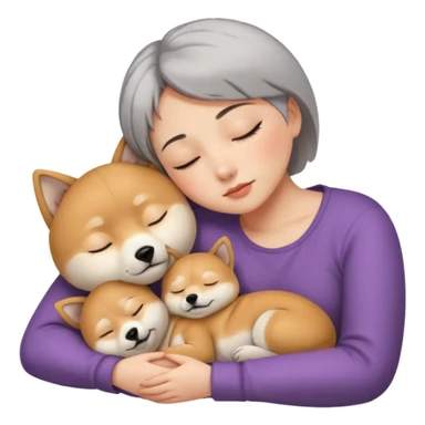 Create a short hair gray hair girl sleeping cuddling with one shiba sticker